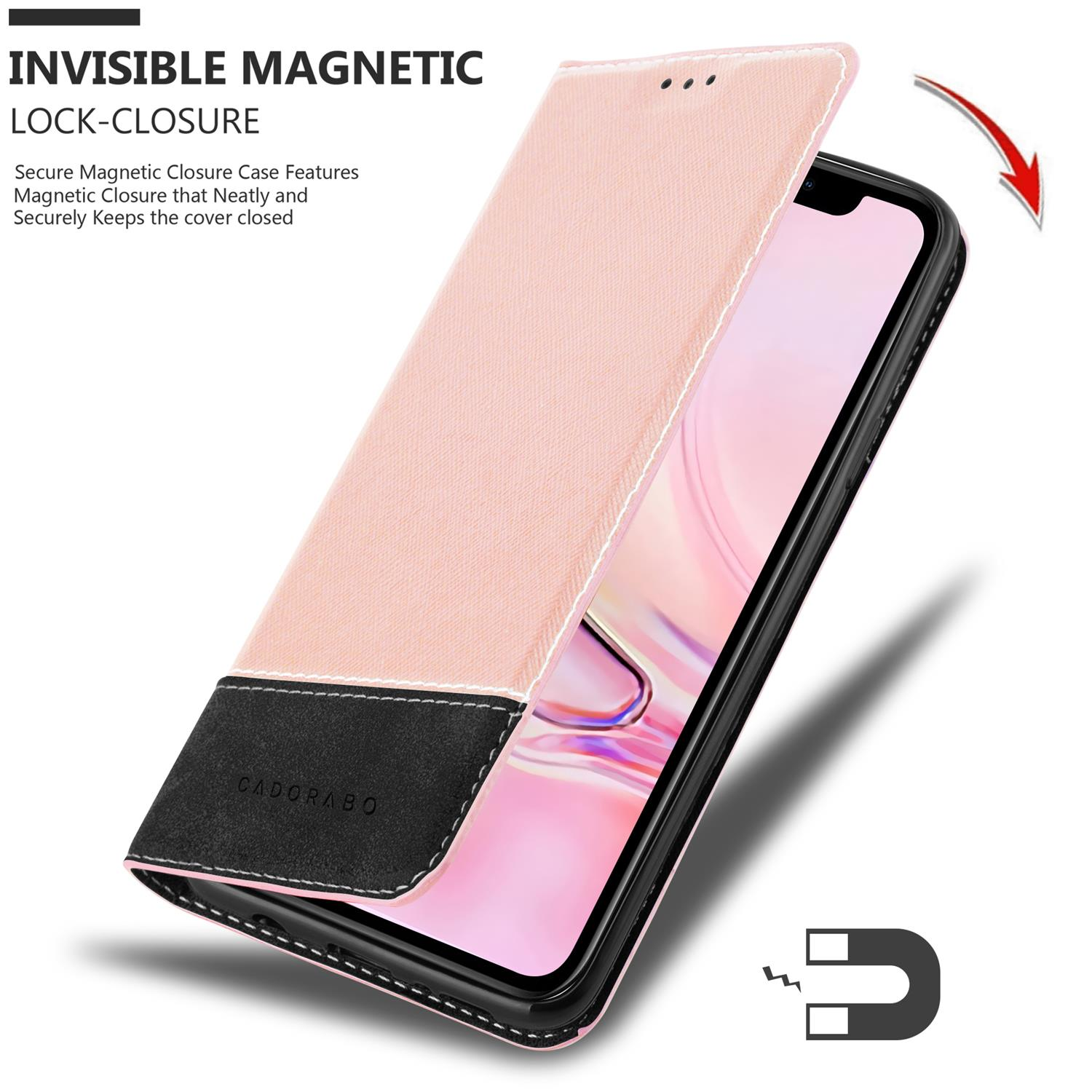 Rosa Handyhülle mit Magnetverschluss und Telefon darin.