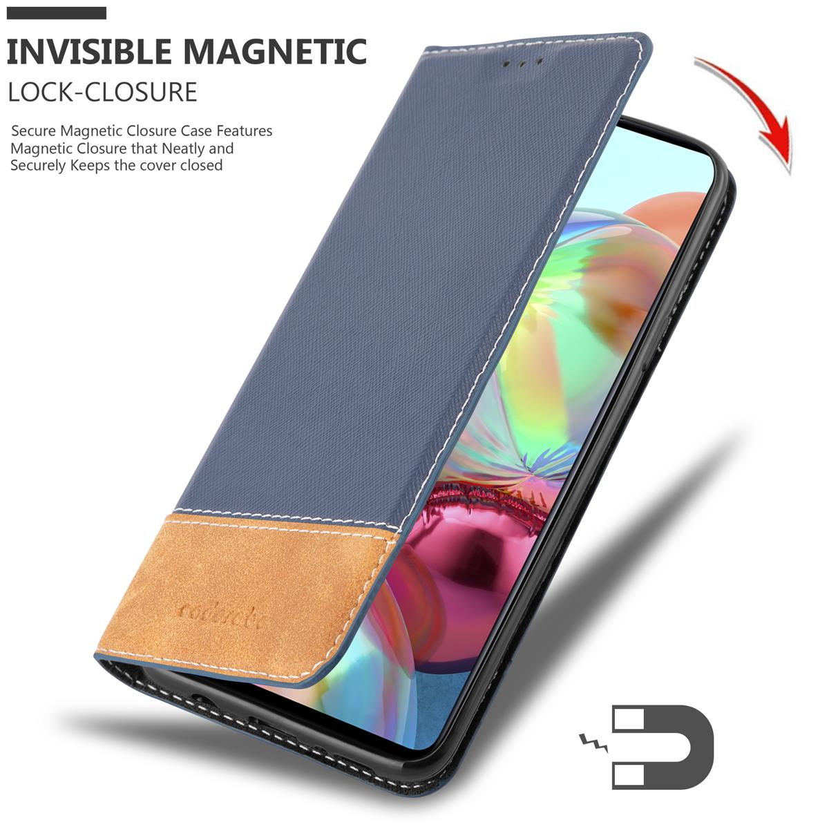 Custodia per telefono blu con parte inferiore marrone. Il telefono è all'interno. Il coperchio è aperto.