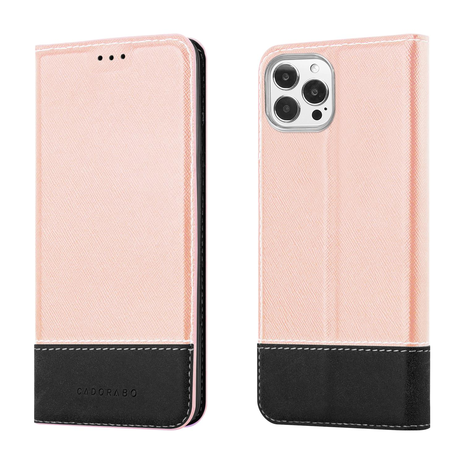 Custodia rosa e nera per telefono, aperta e chiusa. La base è nera e il marchio è 'cadorabo'.