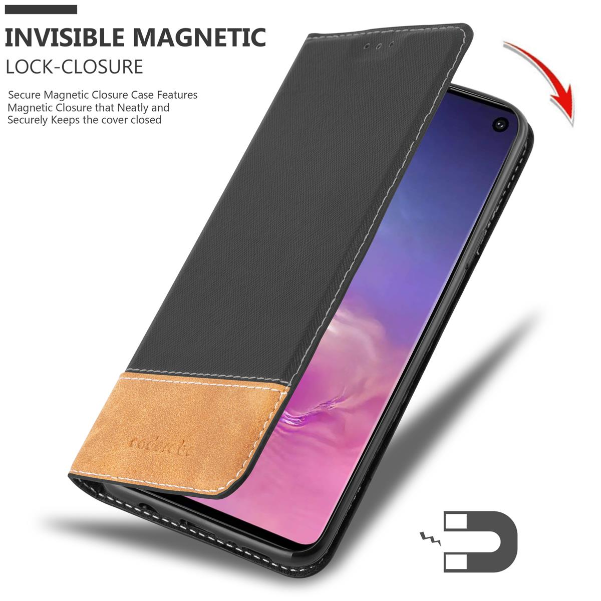 Una custodia nera per telefono con telefono, che mostra la fotocamera e una superficie incrinata.