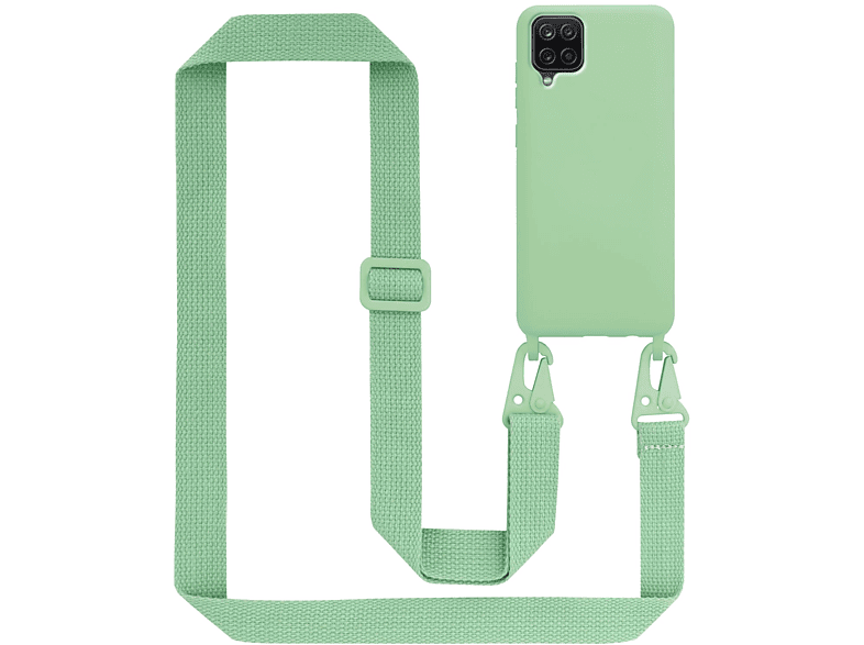 CADORABO Handy Kette Silikon Schutzhülle mit Band, A12 Backcover, verstellbaren längen LIQUID GRÜN Kordel Galaxy HELL Samsung, / M12