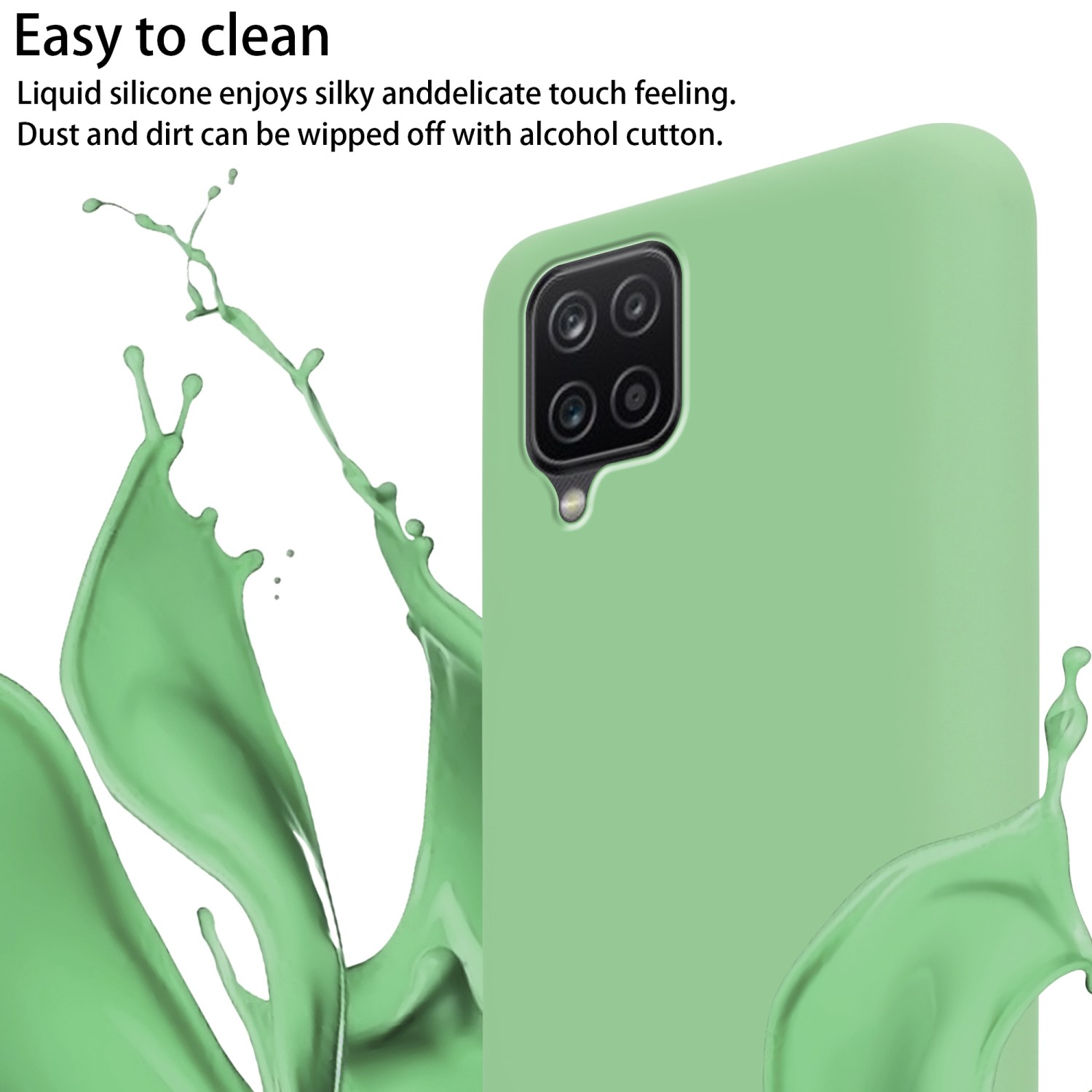 Custodia per telefono verde con un telefono all'interno. Liquido verde schizza dal lato.