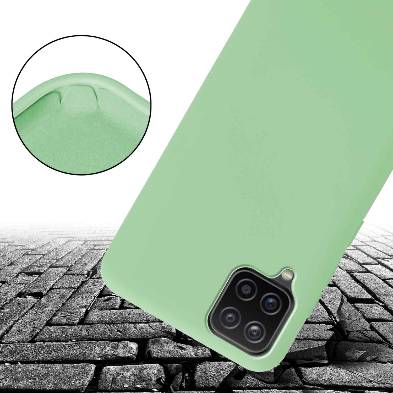 Custodia per telefono verde chiaro su una superficie di mattoni crepati. La fotocamera è visibile.