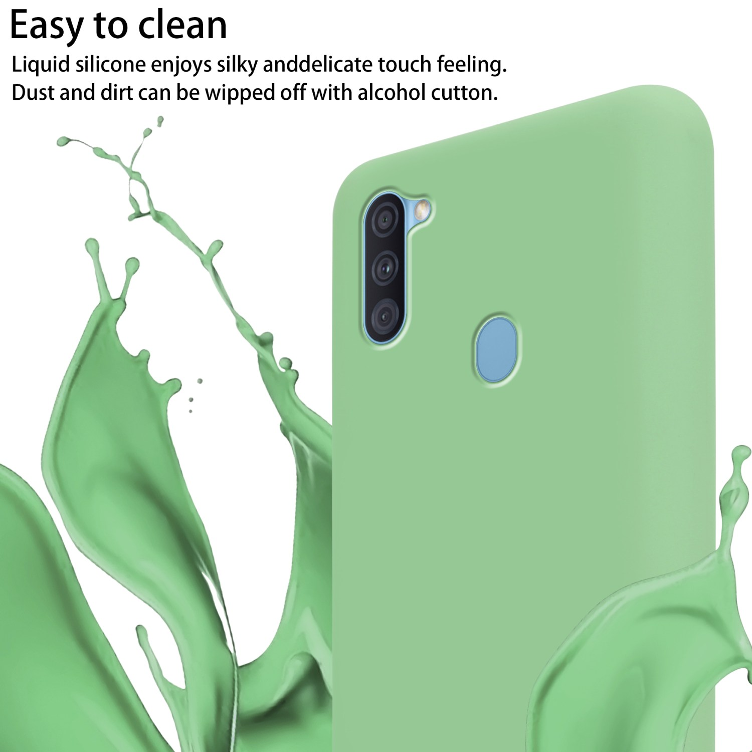 Custodia per telefono verde e un telefono. La custodia ha un'esplosione di liquido verde.