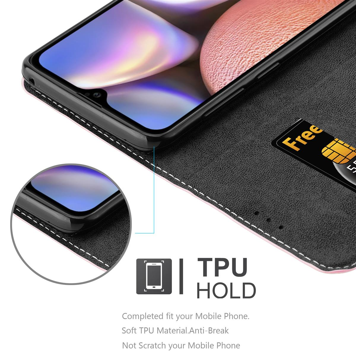 Primo piano della custodia del telefono che tiene il telefono. La custodia è nera con bordo rosa, il telefono è visibile.