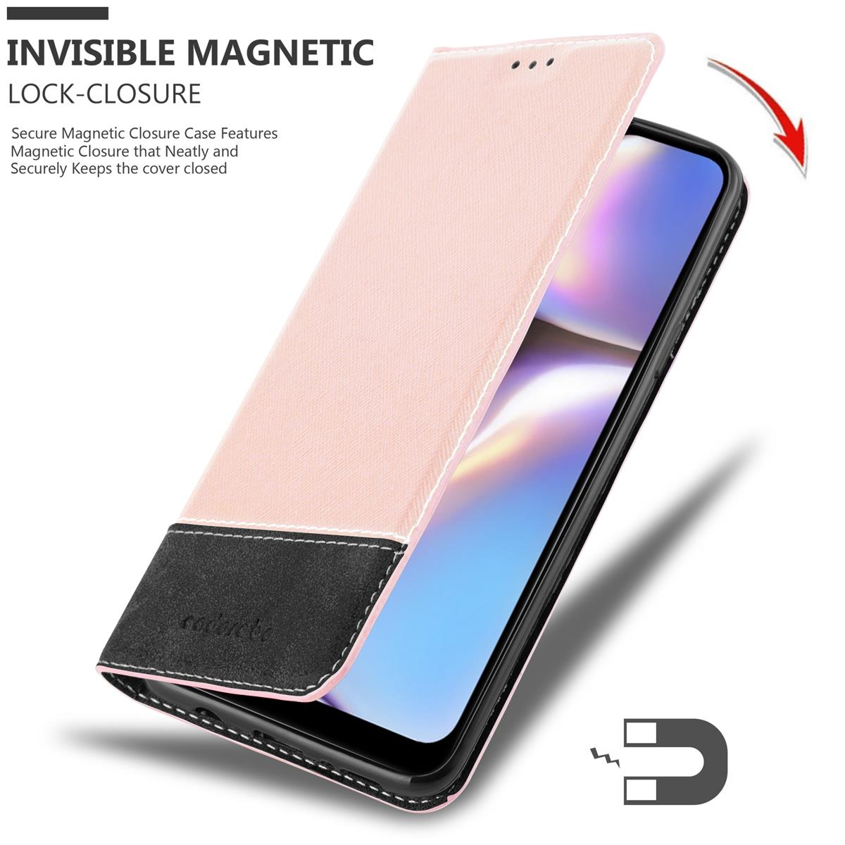 Custodia per telefono rosa chiusa, aperta per rivelare il telefono. Chiusura magnetica. Dettaglio nero e grigio.