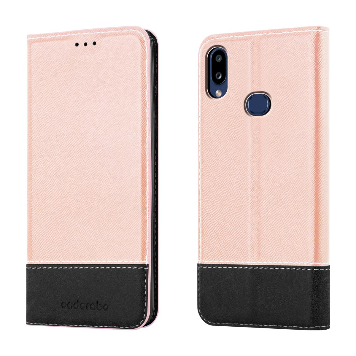 Custodia per telefono rosa e nera. La custodia è aperta, mostrando lo schermo del telefono.