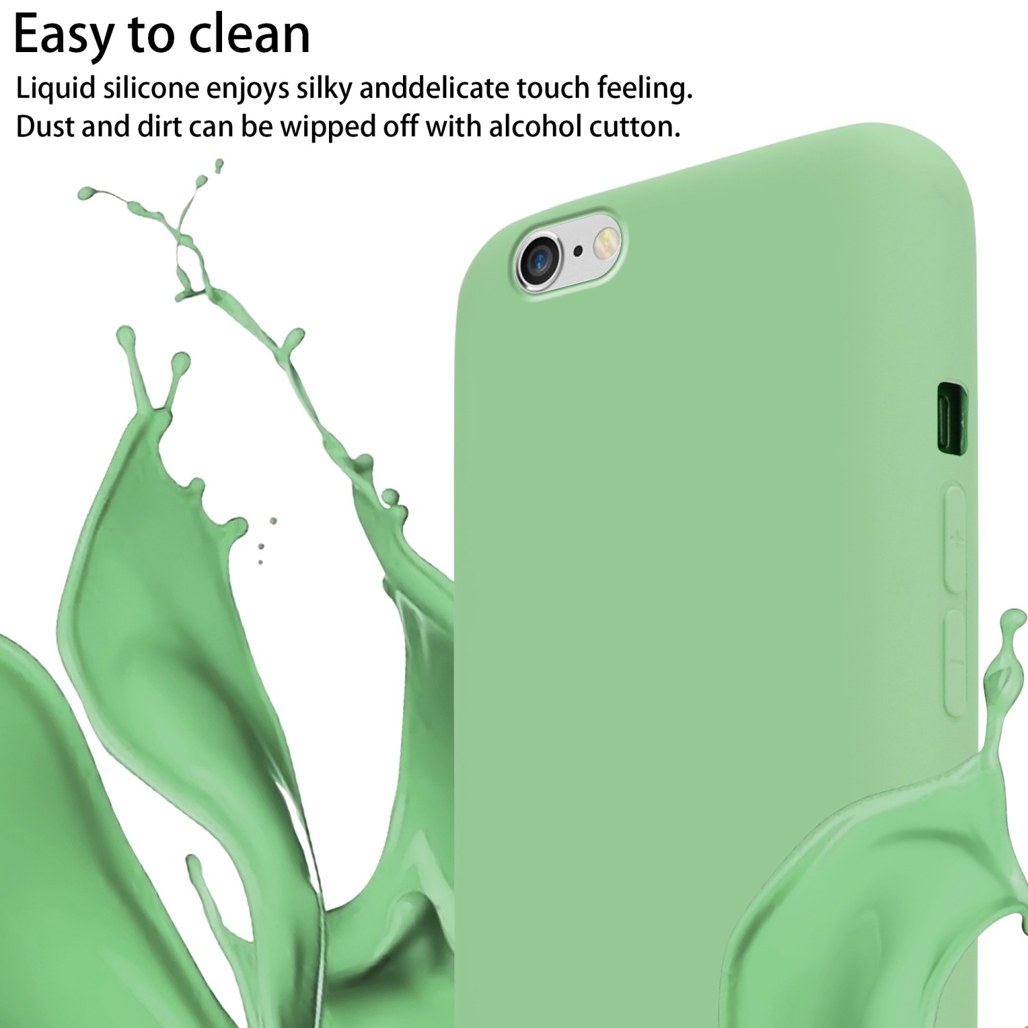 Custodia per telefono verde chiaro con schizzo di vernice verde e sfondo bianco.