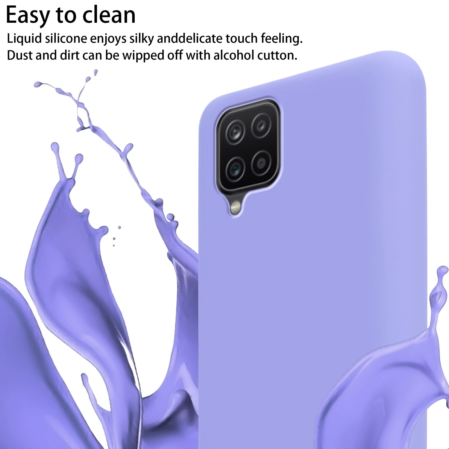 Una custodia per telefono viola con fotocamera e schizzi di liquido viola.