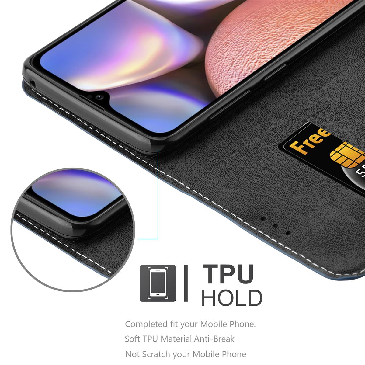 Handyhülle, offen. Telefon innen, schwarz mit weißen Nähten. Text: TPU Hold.