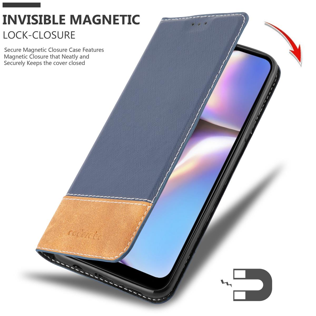 Blaue Handyhülle mit braunem Aufnäher und weißen Nähten; offen, Telefon zeigend.