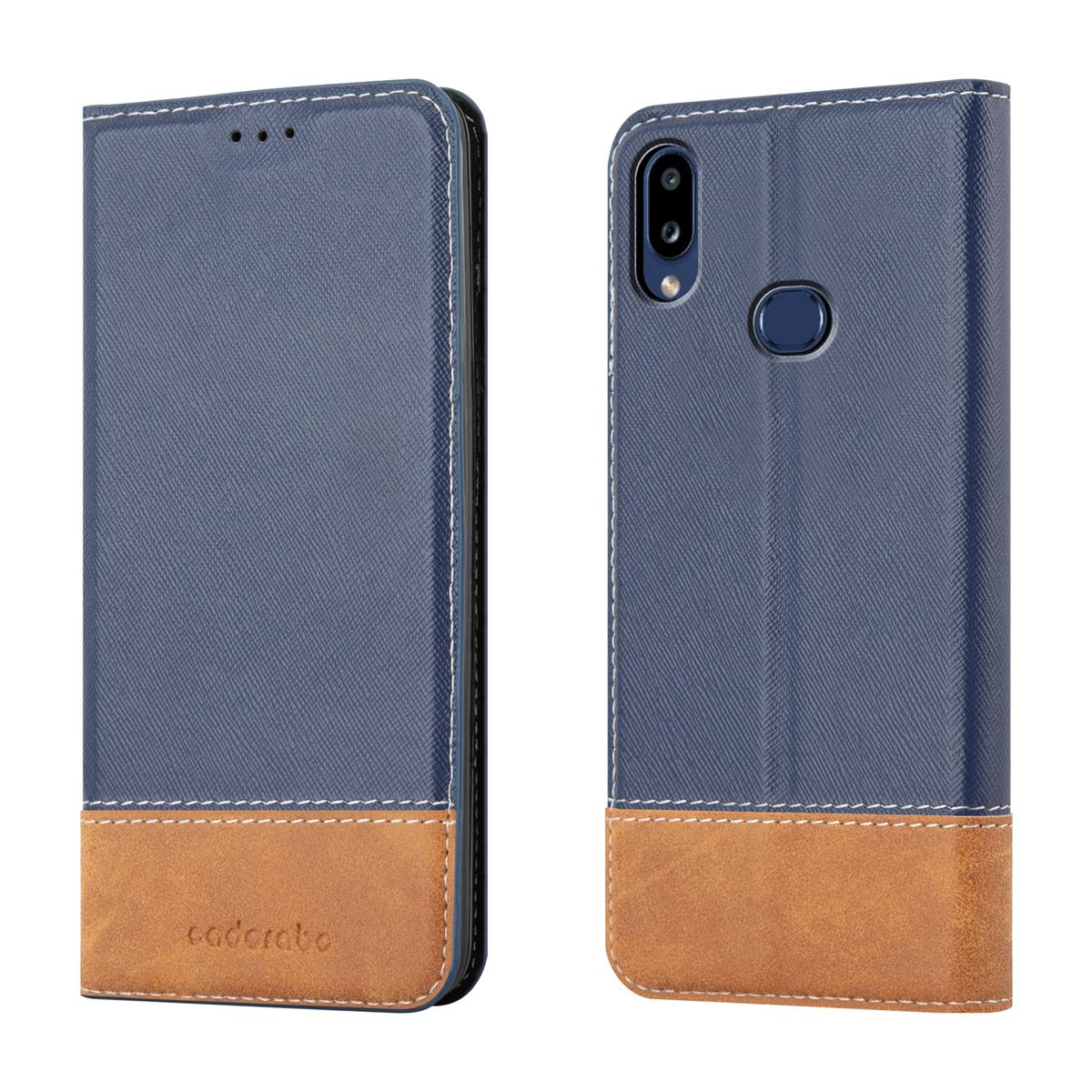 Eine blau-braune Handyhülle mit strukturiertem Design, offen und das Telefon zeigend.