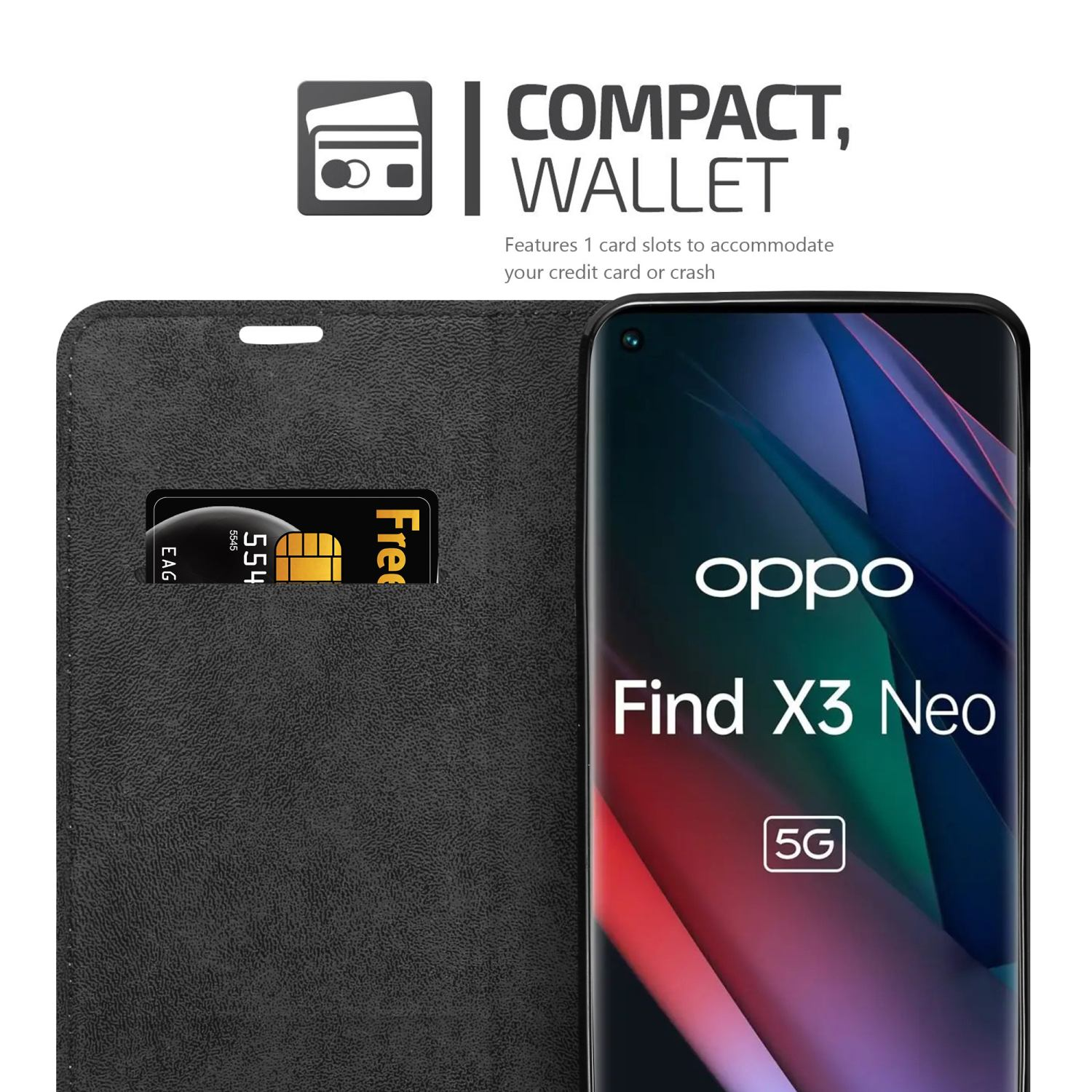 Custodia nera aperta, rivela lo schermo. Carta nello slot. Il telefono dice Oppo Find X3 Neo.