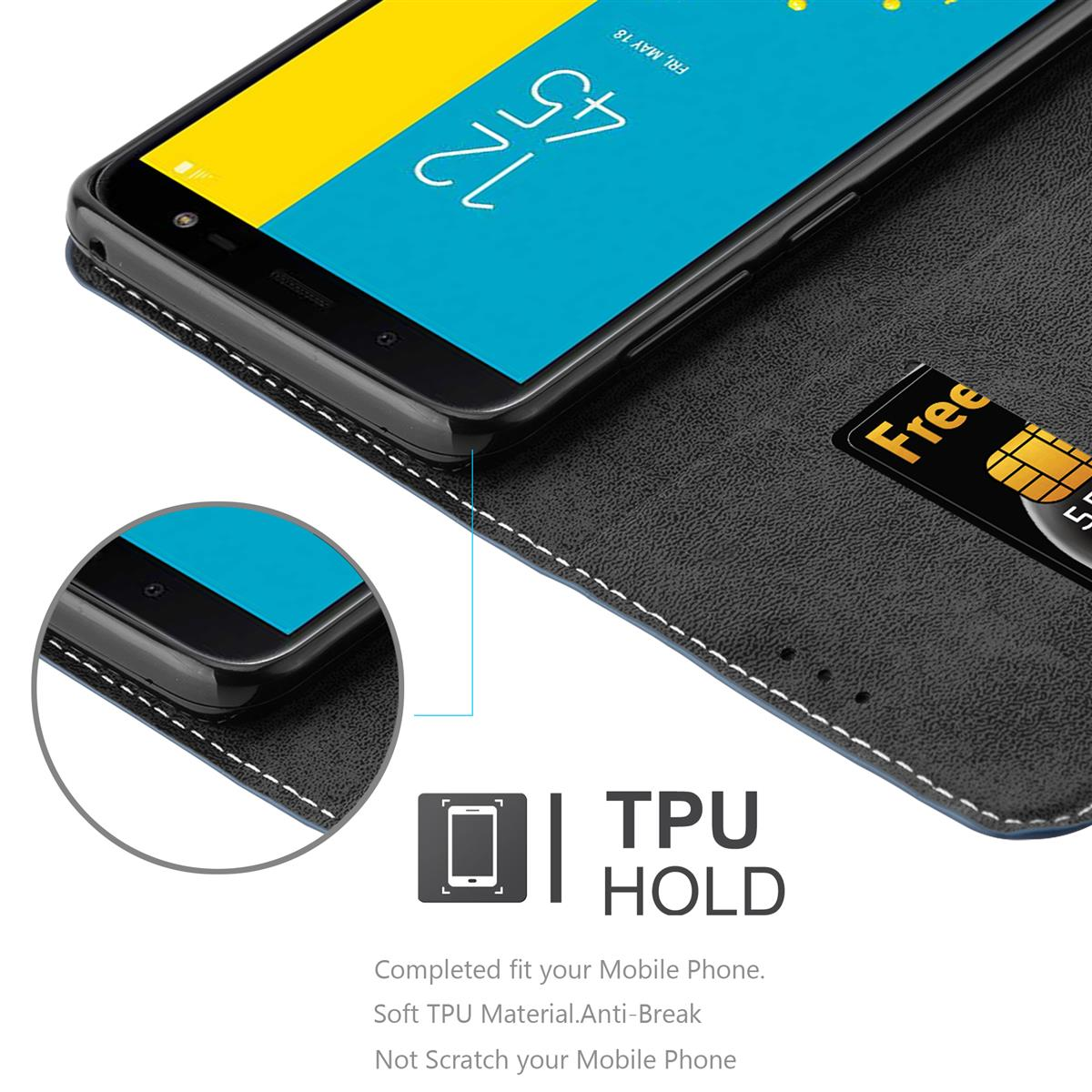 Custodia per telefono nera con un telefono, una carta e dettagli sul supporto in TPU.