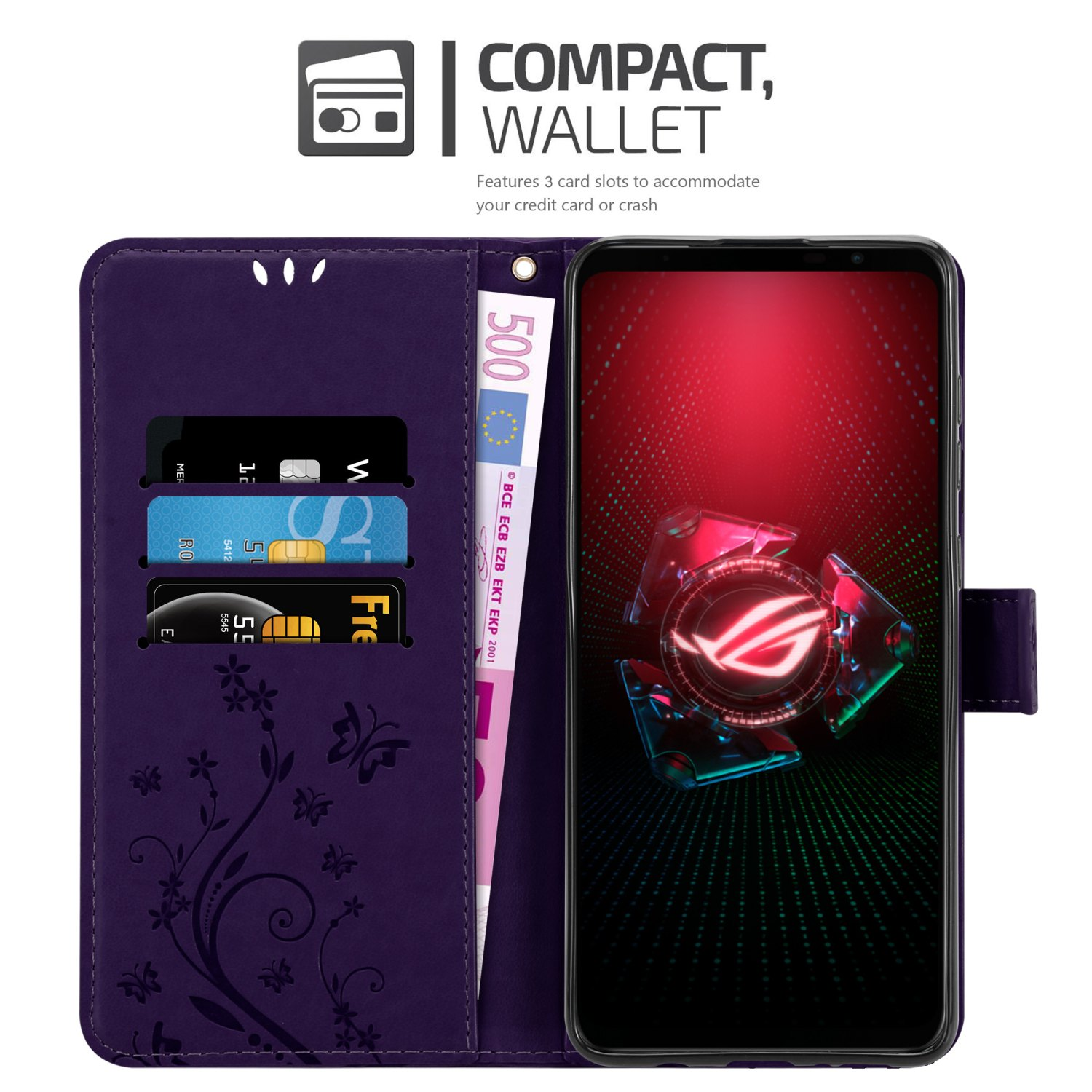 Custodia a portafoglio viola con telefono. Dispone di slot per carte con carte e denaro. Sfondo bianco e sovrapposizione di testo.