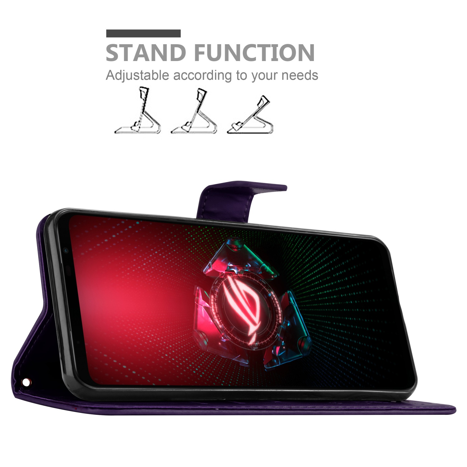 Custodia del telefono aperta, telefono visibile. Funzione supporto. Custodia viola, schermo del telefono nero. Sfondo bianco.