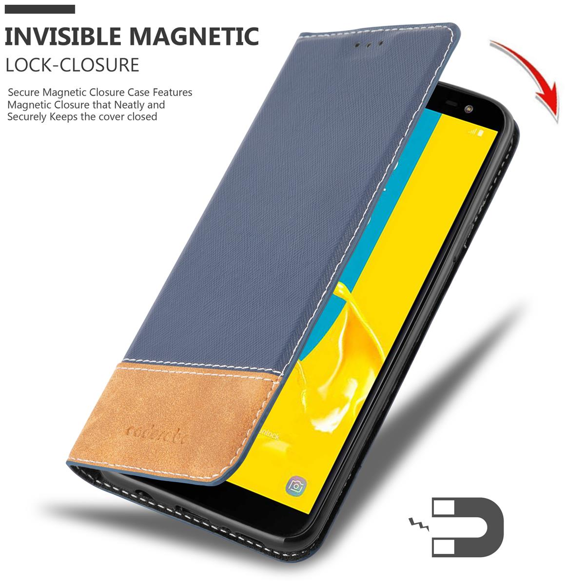 Custodia blu per telefono con accento marrone, che si apre per rivelare lo schermo del telefono. Un'icona a calamita è visibile.