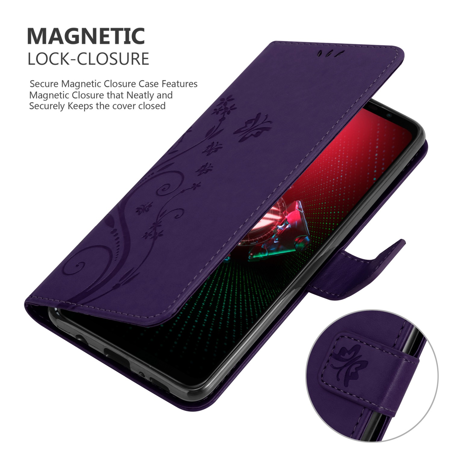 Una custodia per telefono viola è aperta, rivelando un telefono. La custodia ha un design floreale.
