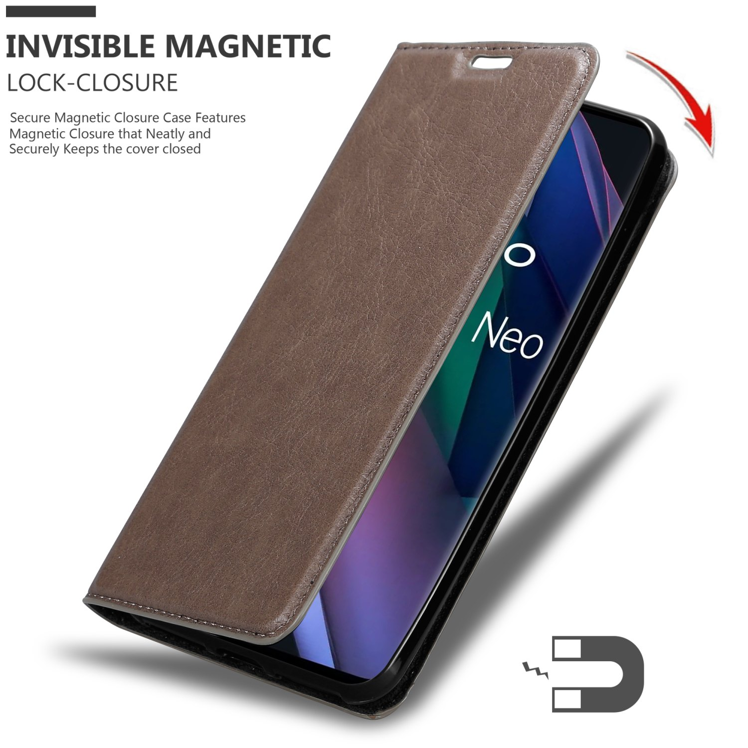 Una custodia per telefono marrone con un telefono all'interno. Ha una chiusura magnetica invisibile e il telefono è visibile.