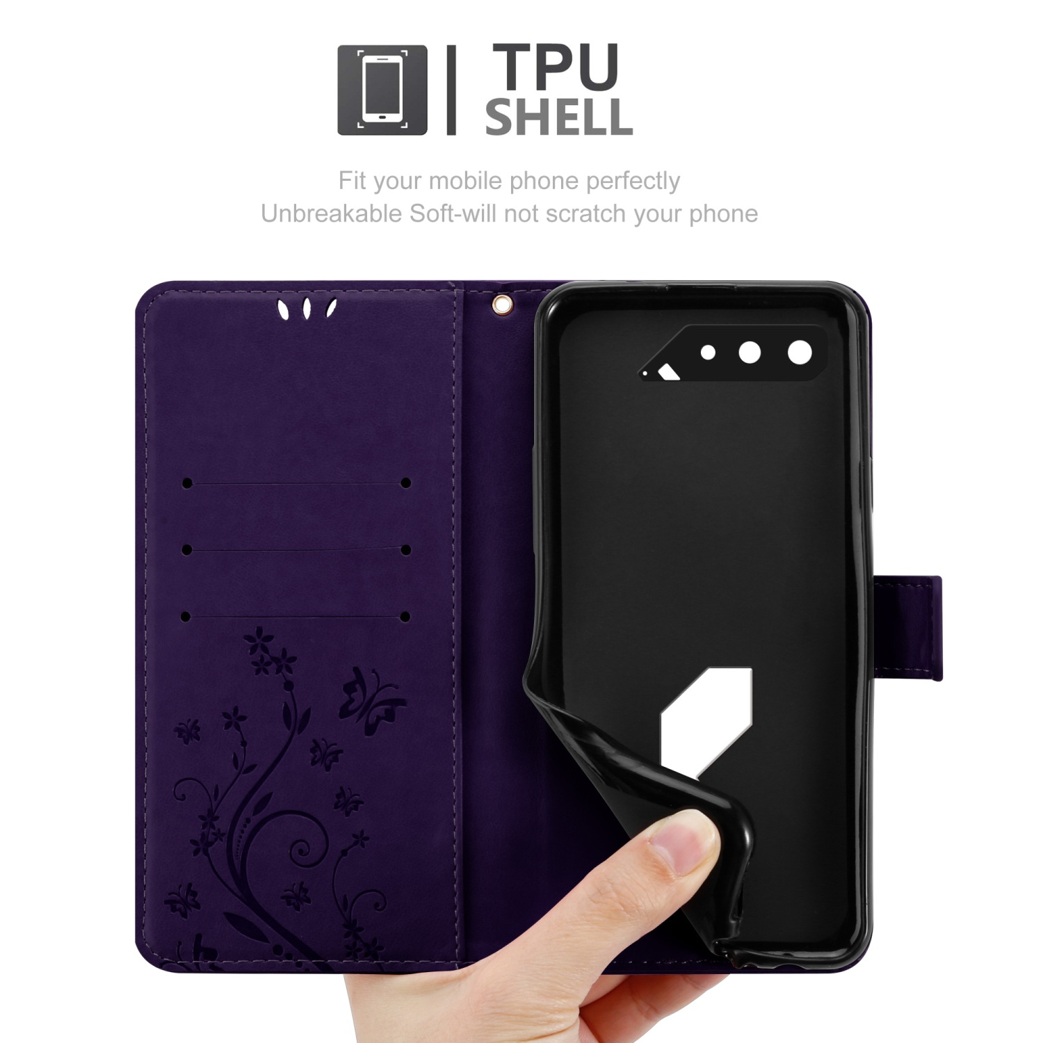 Una custodia per telefono viola. Il telefono è dentro. Design floreale. Testo: TPU SHELL e 'Adatta perfettamente il tuo cellulare'.