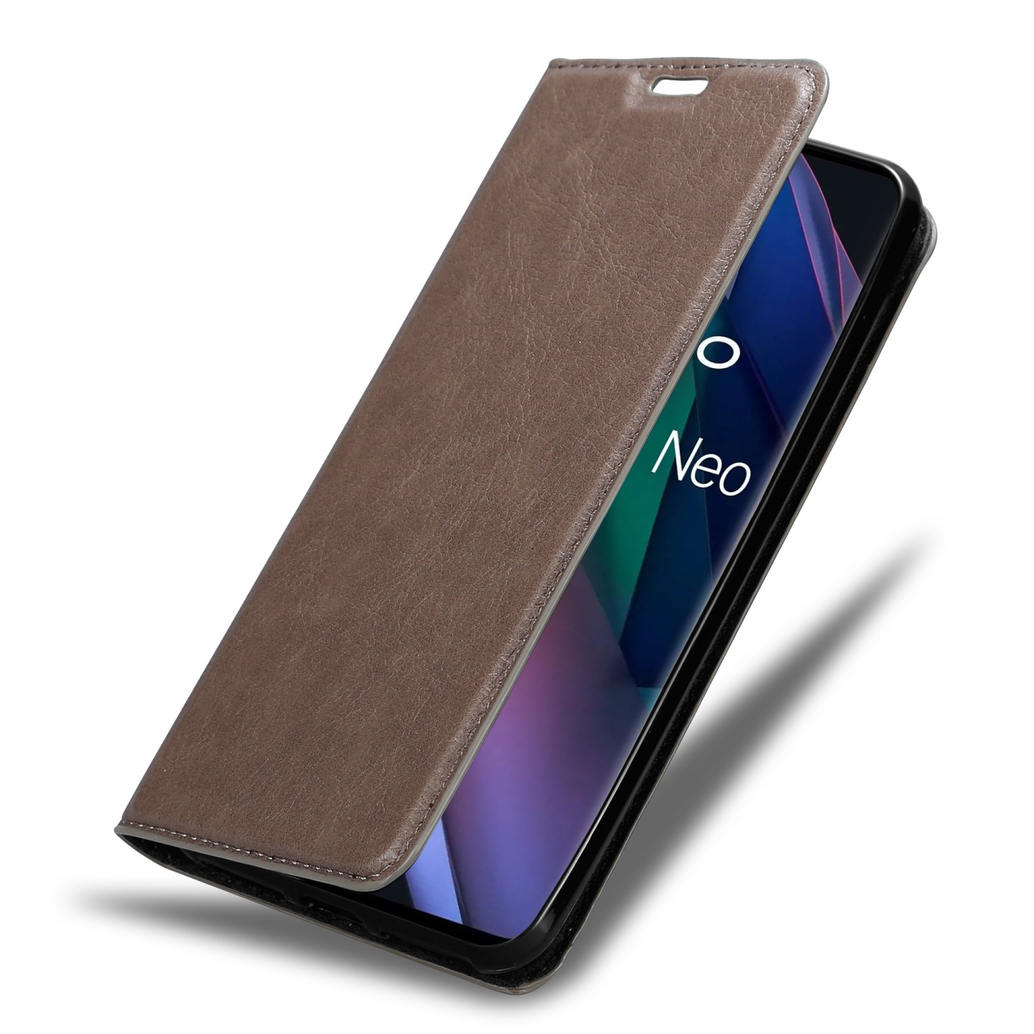 Custodia per telefono in pelle marrone semiaperta, che mostra il telefono con testo Neo sullo schermo, su sfondo bianco.