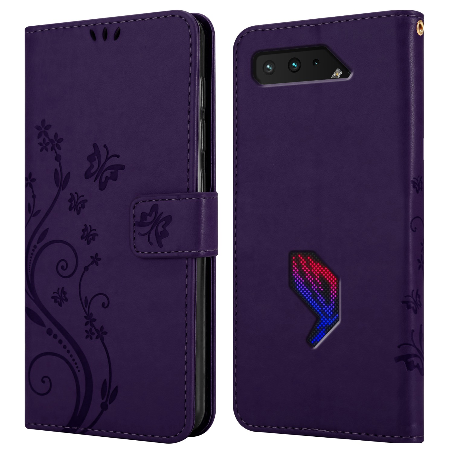 Custodia per telefono viola, aperta e chiusa. Un telefono è visibile all'interno della custodia.