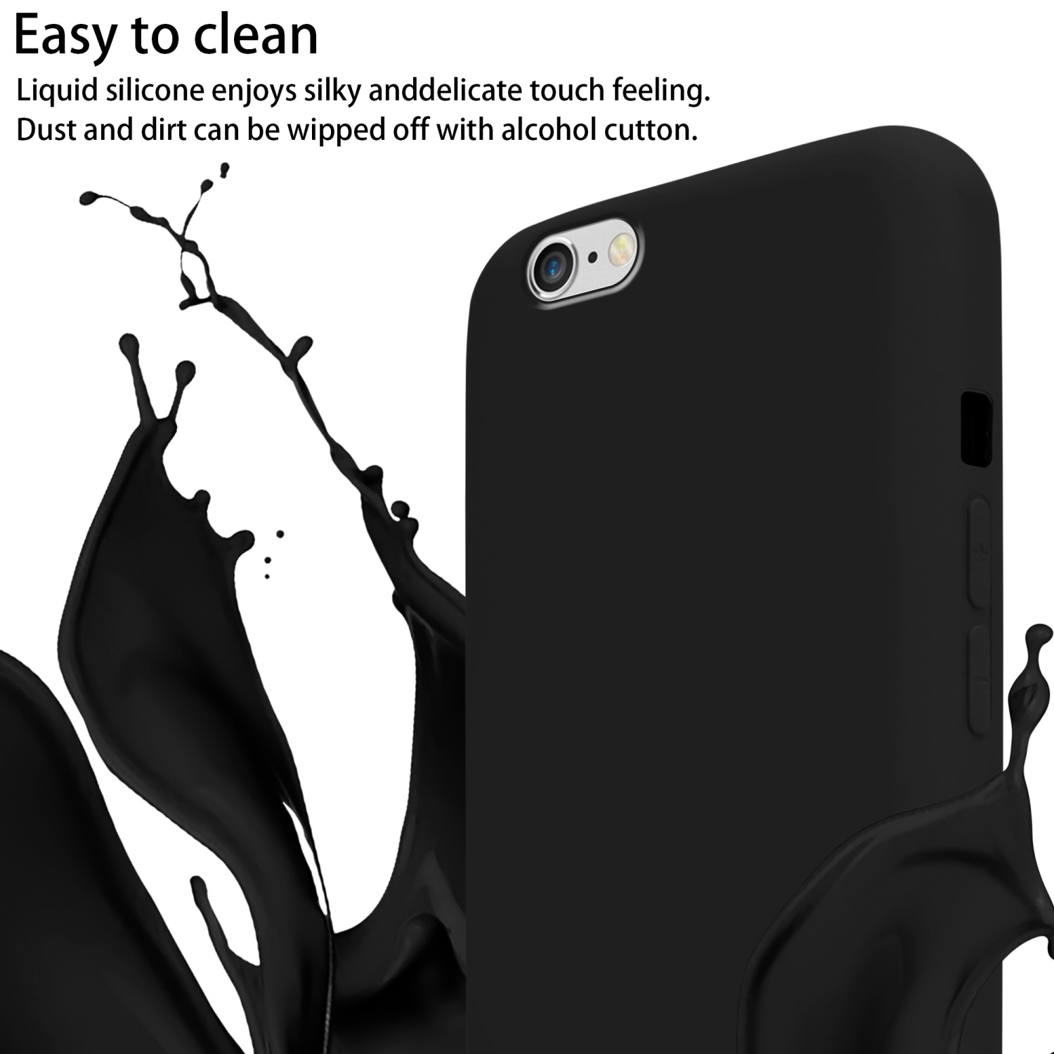 Custodia per telefono nera con effetto schizzo di liquido. La custodia è elegante e moderna con un ritaglio per la fotocamera.