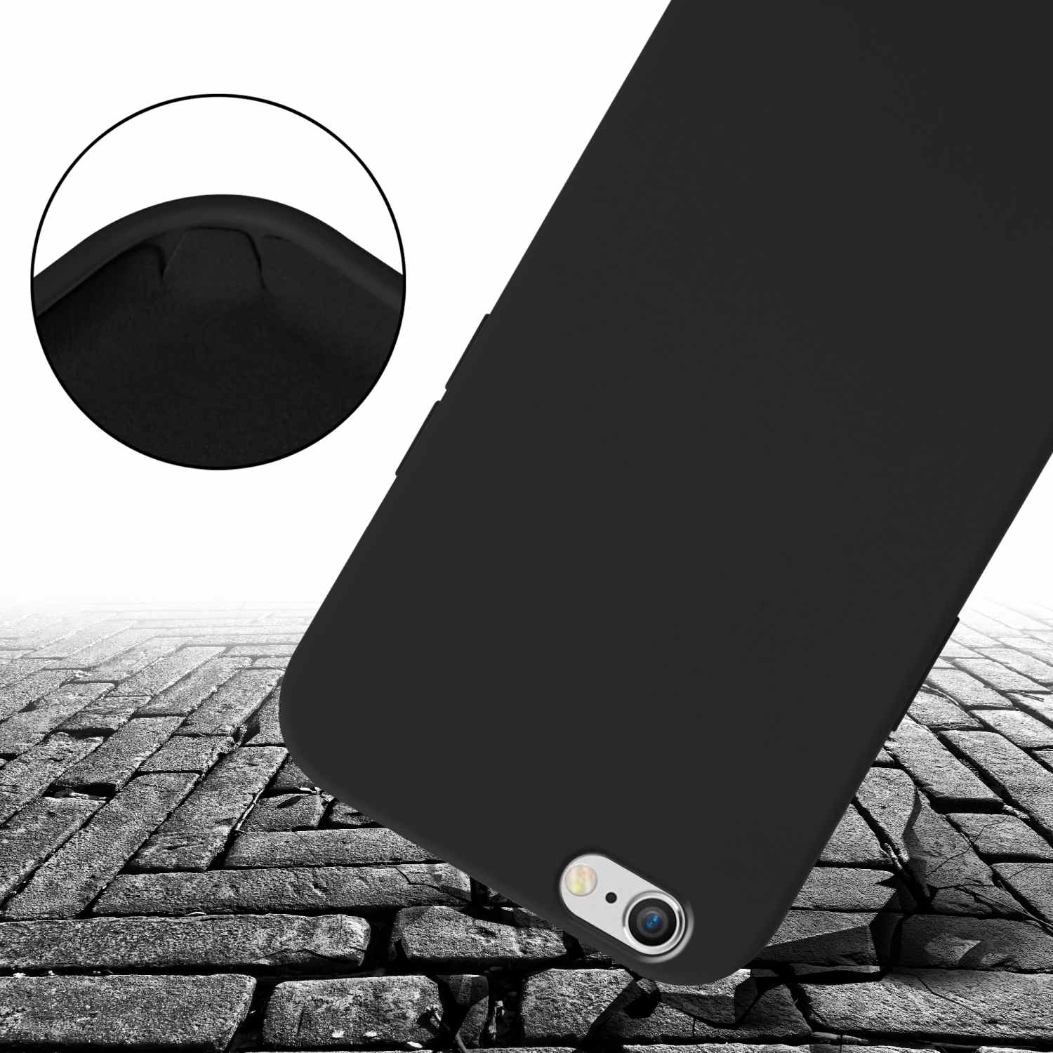 Una custodia per telefono nera, leggermente angolata, poggia su una superficie screpolata simile a un mattone. Un inserto circolare mostra un angolo.