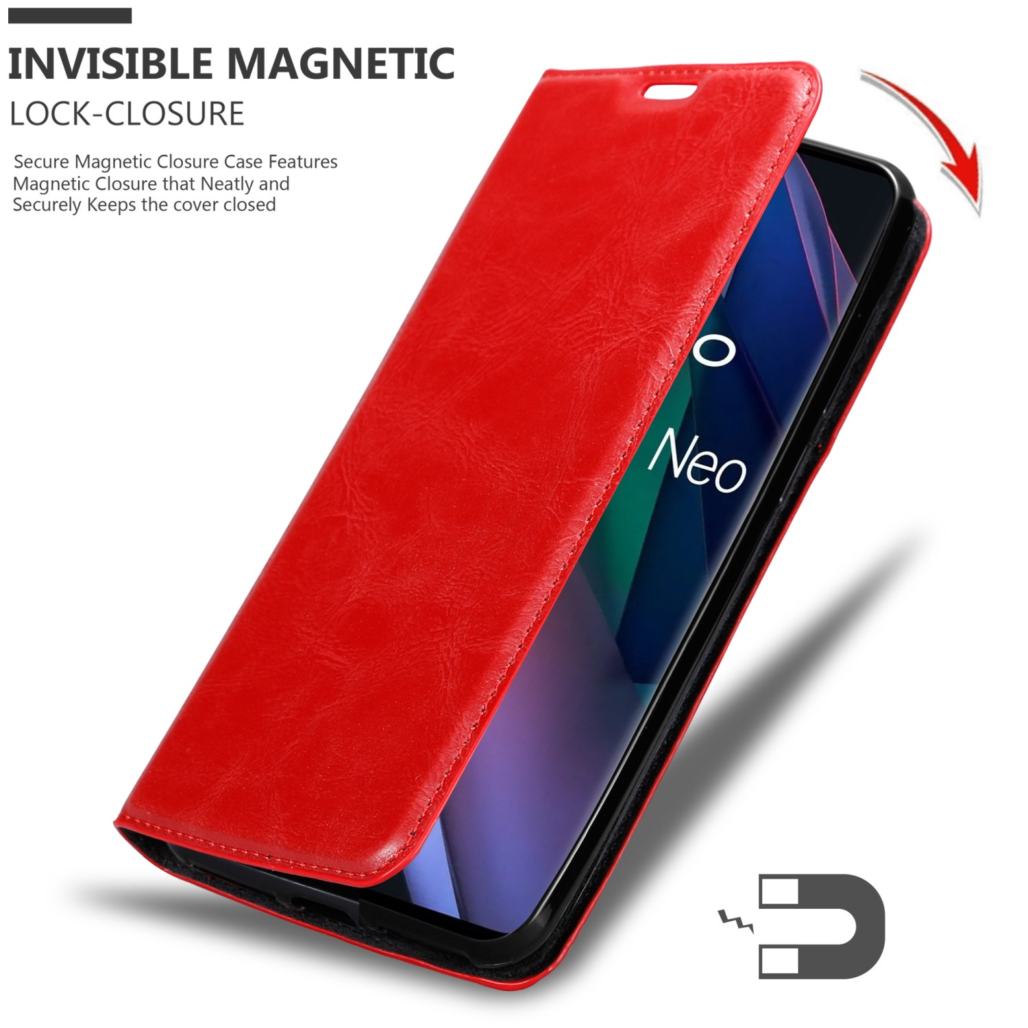 Custodia del telefono rossa che si apre, mostrando lo schermo del telefono. Testo: Chiusura magnetica invisibile, mantiene la cover chiusa.