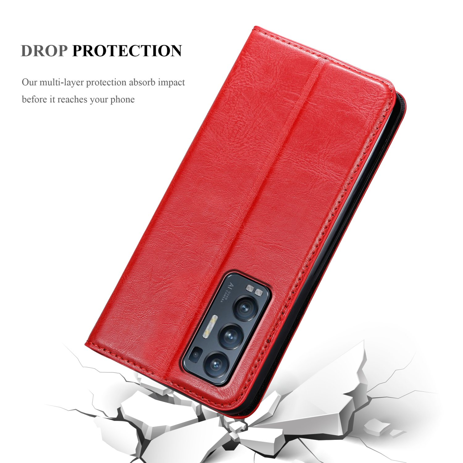 Custodia rossa per telefono, chiusa. Testo: Drop Protection. Pezzi rotti sullo sfondo.