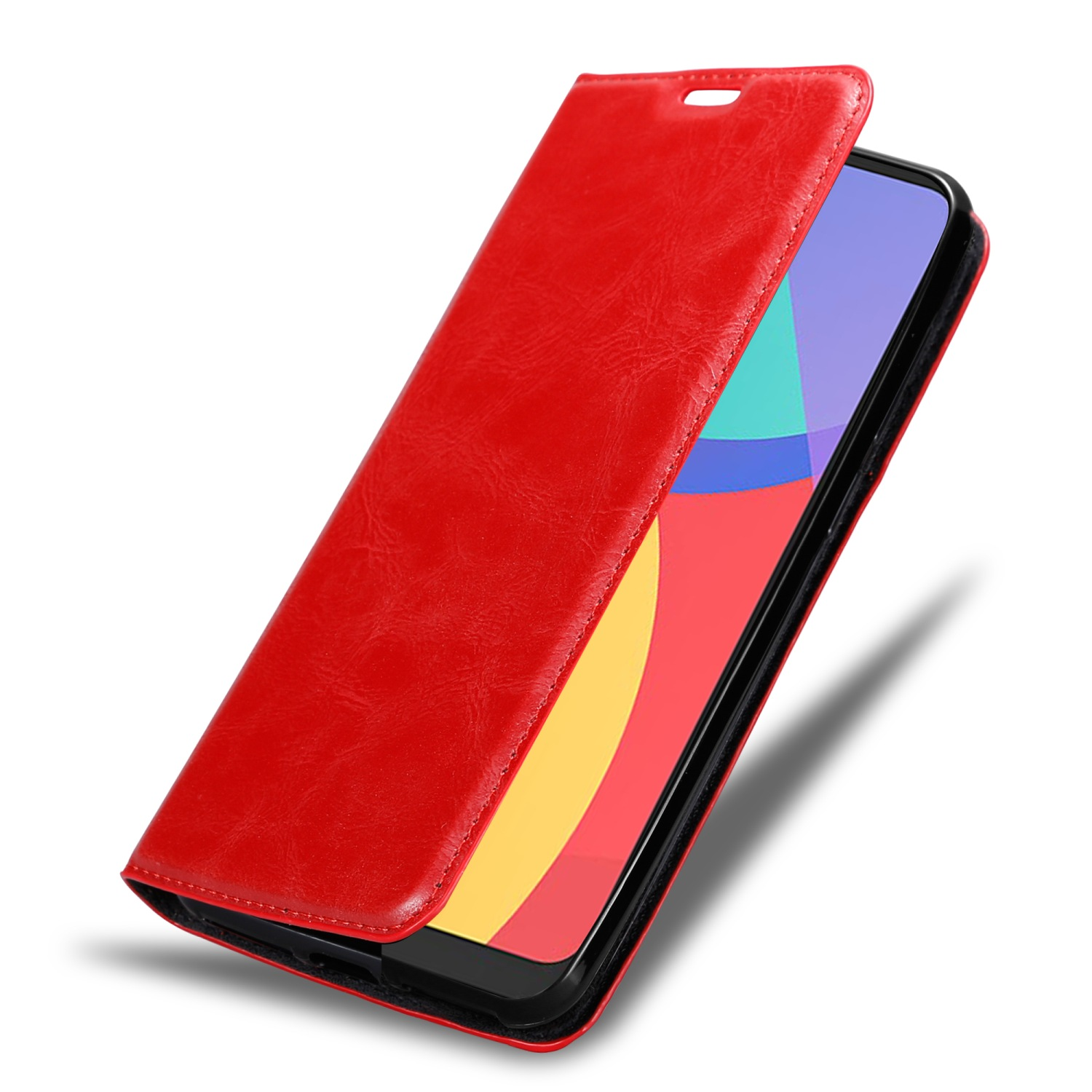 Rote Handyhülle, geöffnet, um das Telefon zu zeigen. Der Bildschirm des Telefons zeigt ein farbenfrohes Bild.