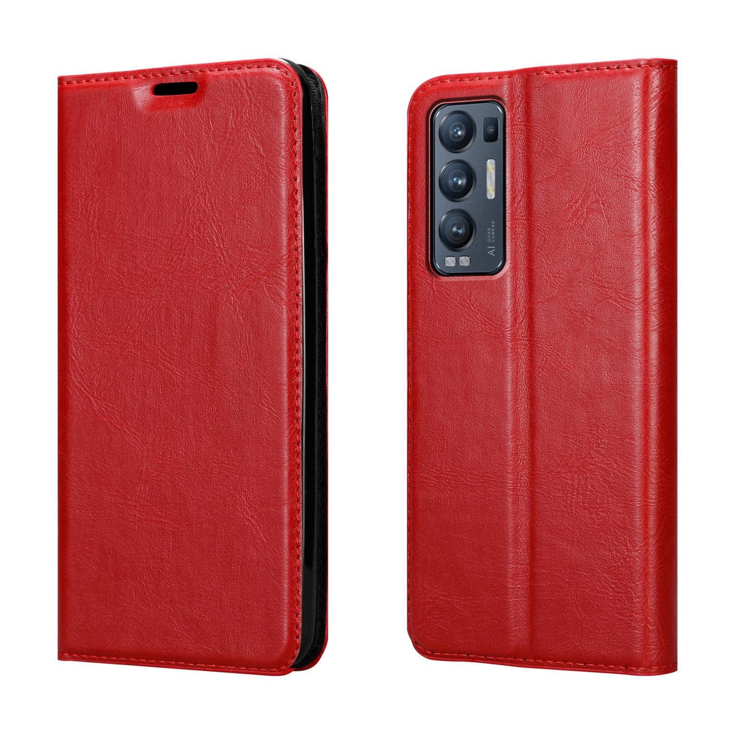 Custodia per telefono rossa, chiusa. Vengono mostrati due lati della custodia del telefono. La custodia è rossa. Ritagli della fotocamera visibili.