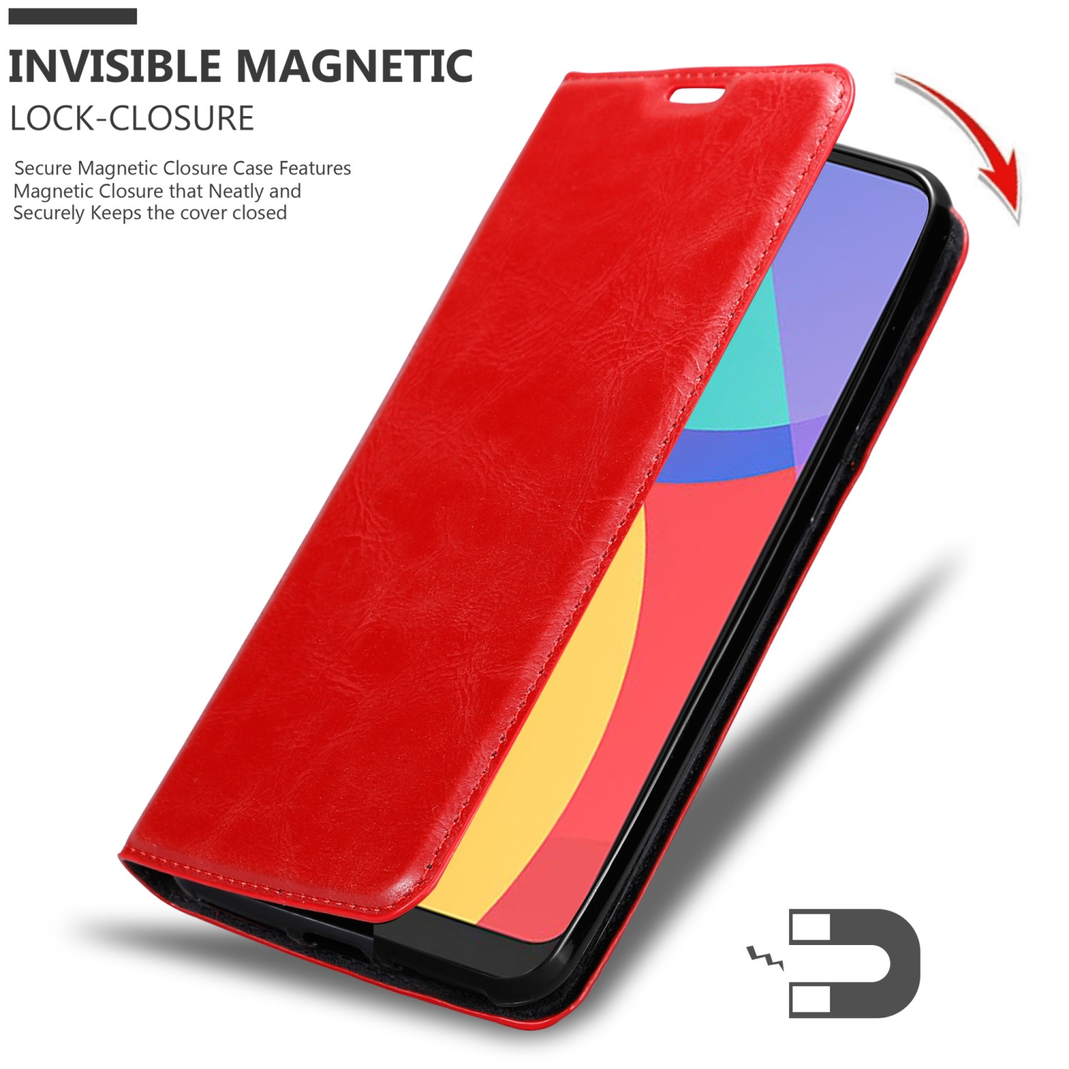 Custodia telefono rossa aperta, mostra telefono. Testo chiusura magnetica e un magnete.