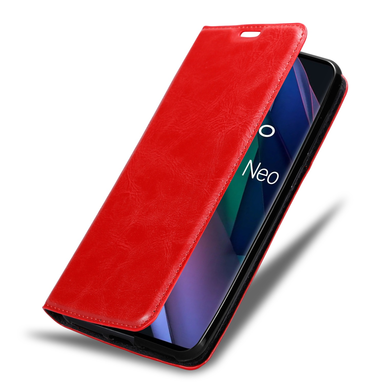 Una custodia rossa per telefono è aperta, mostrando uno schermo del telefono. Il telefono è nero con uno schermo visibile.