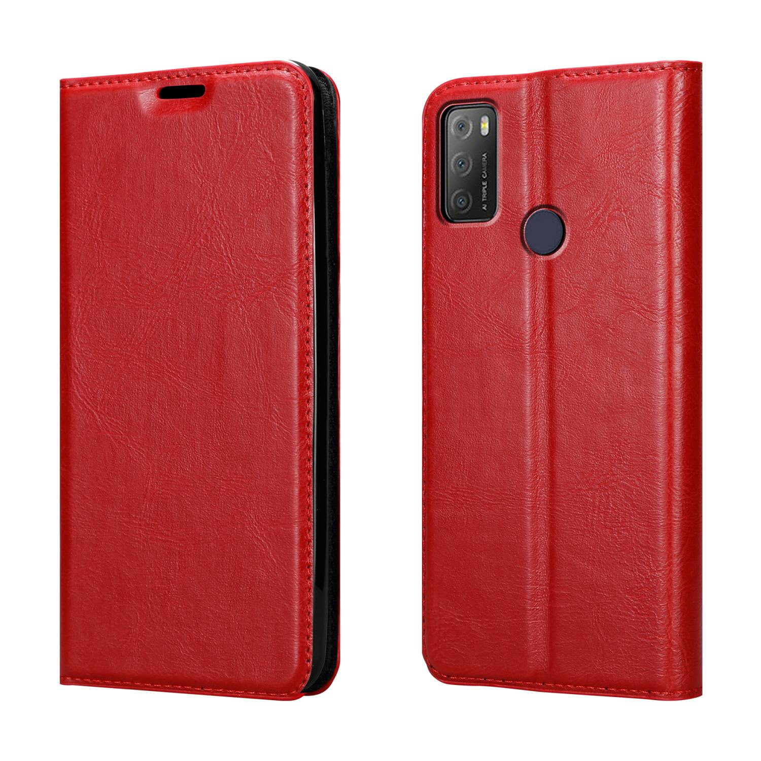 Custodia rossa per telefono, aperta e chiusa. La custodia aperta mostra il telefono all'interno.