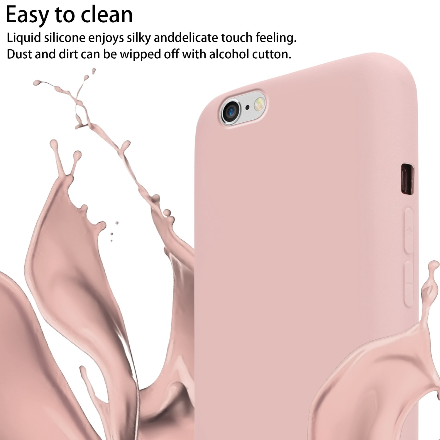 Telefono rosa con schizzo di liquido rosa, che mostra la custodia in silicone facile da pulire.
