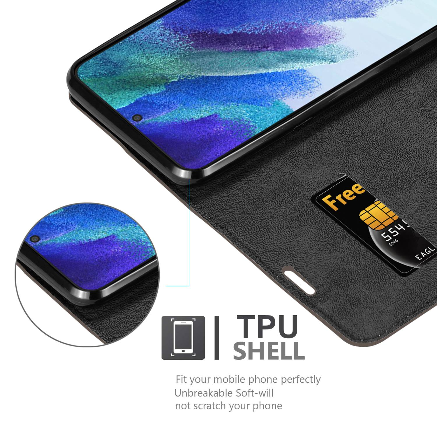 Custodia nera con telefono e SIM gratuita, con l'etichetta 'TPU SHELL'.