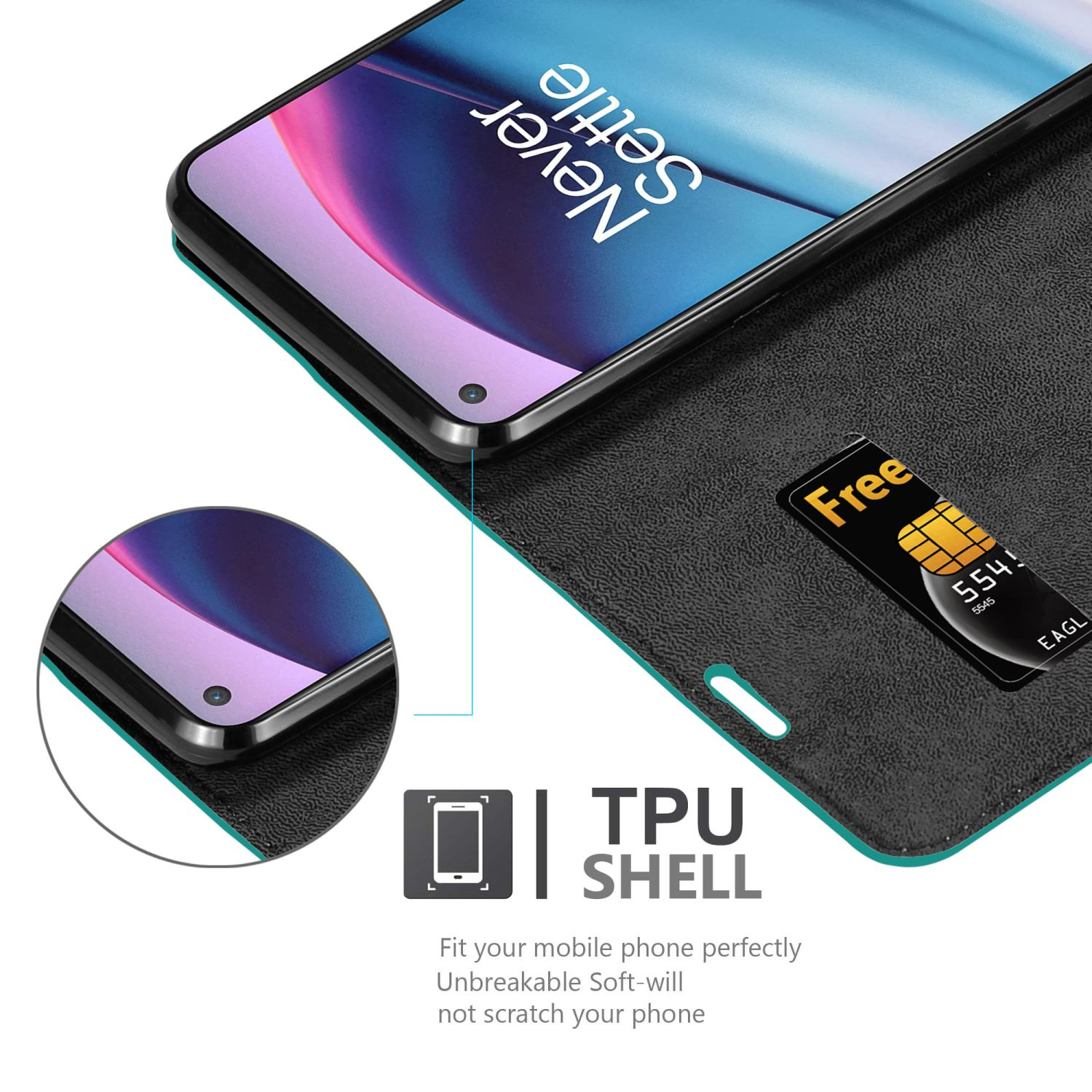 Custodia a portafoglio nera con telefono e carta di credito. Il telefono ha un logo Never Settle.