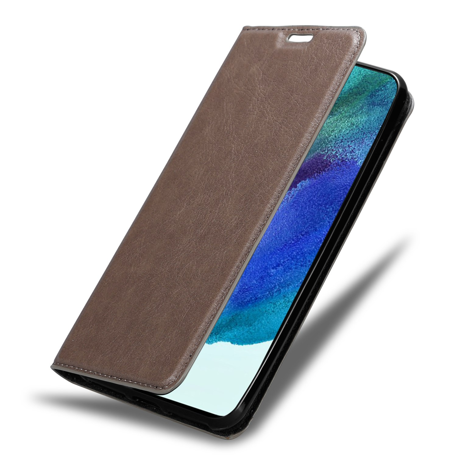 Eine braune Handyhülle, geöffnet, zeigt einen Telefonbildschirm mit blauem und violettem Hintergrund.