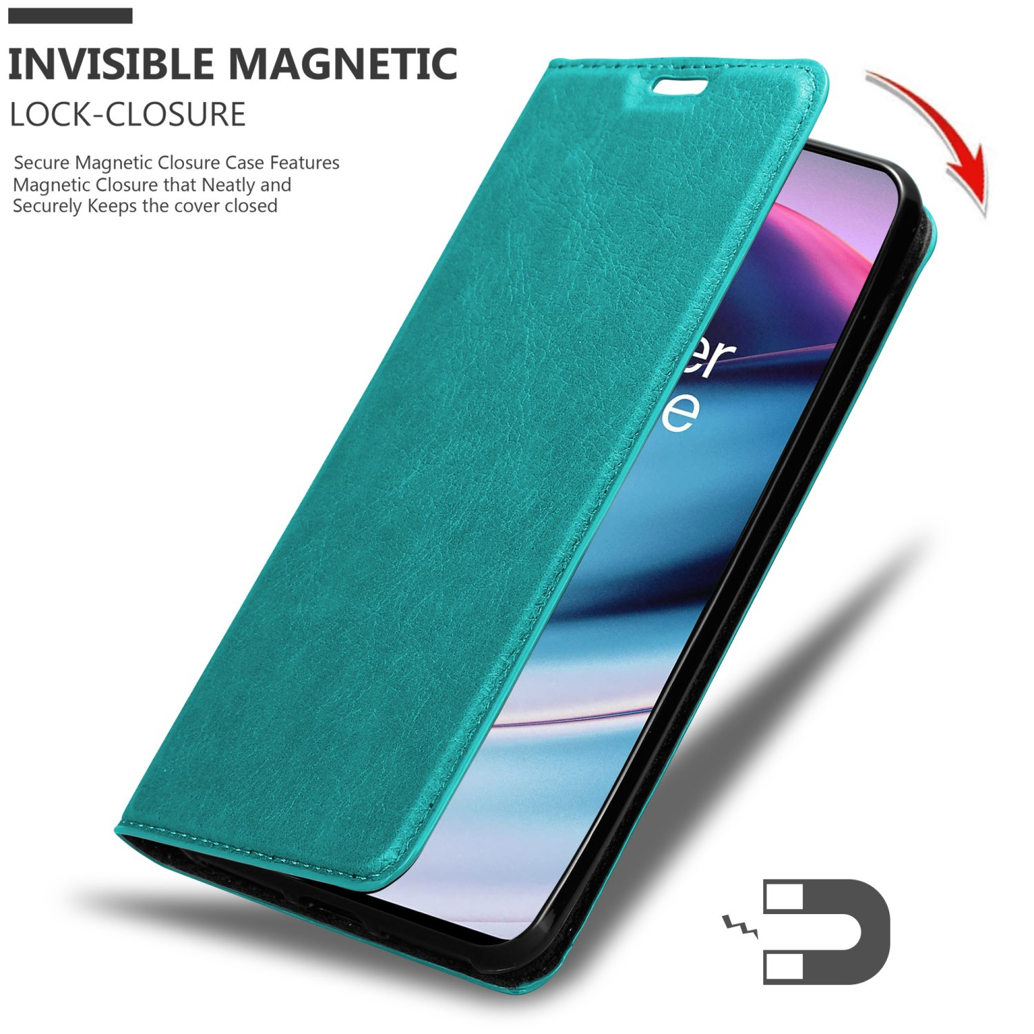 Custodia per telefono turchese con la cover aperta, che mostra un telefono.