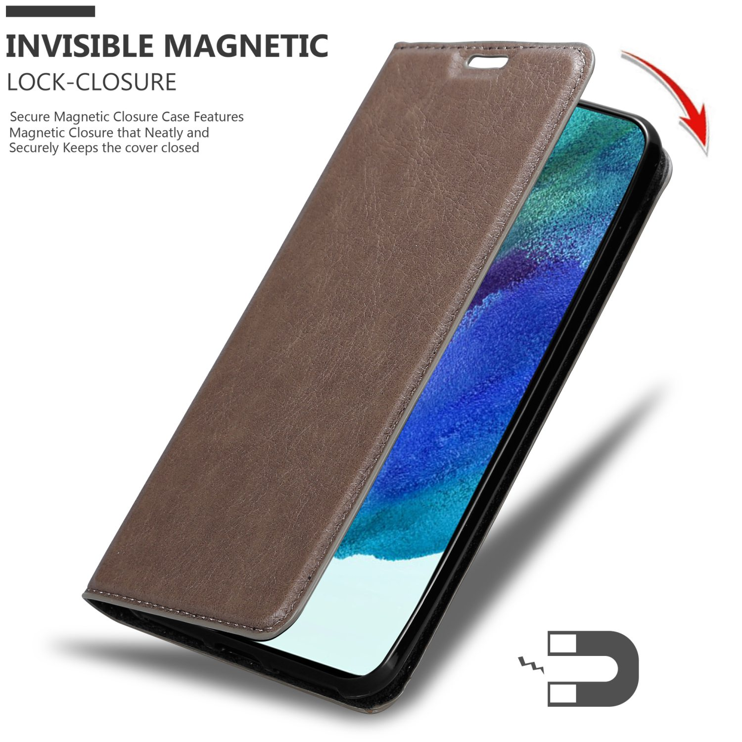 Custodia del telefono marrone aperta, che mostra il telefono all'interno. Simbolo del magnete in basso a destra.