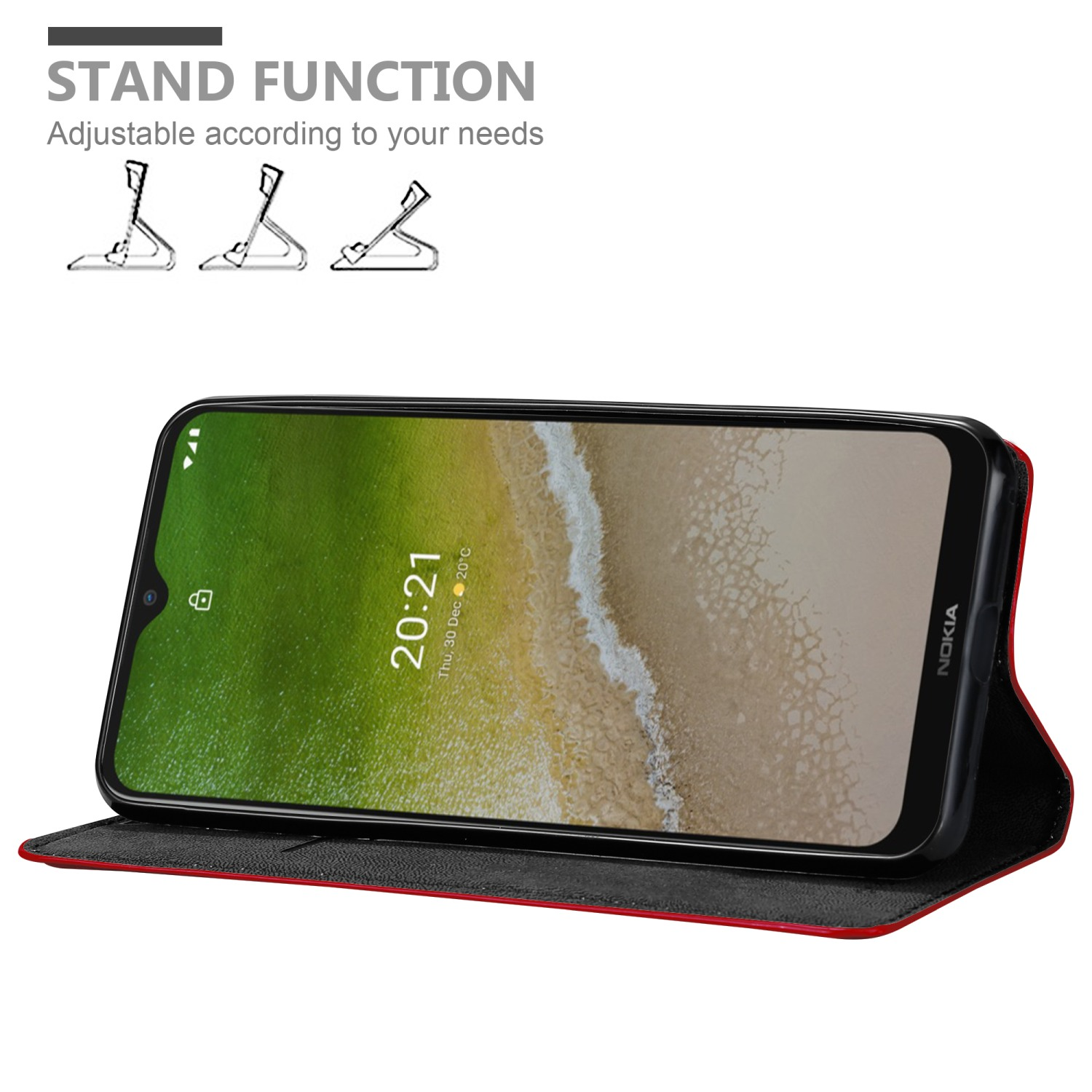 Un telefono è puntellato con una custodia, dimostrando una funzione di supporto. Il telefono visualizza un'interfaccia.