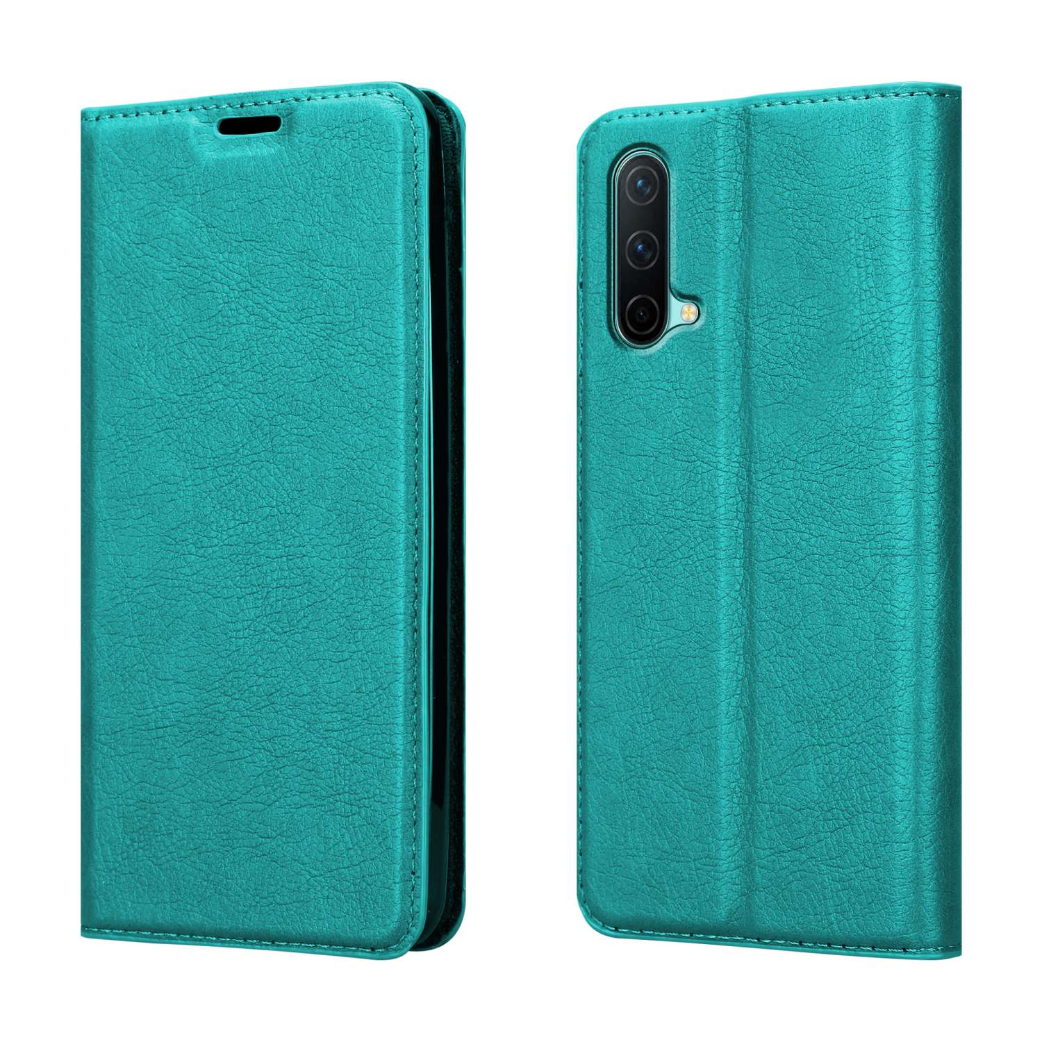 Due custodie per telefono verde acqua, aperte e chiuse, che mostrano telefono e dettagli in pelle.