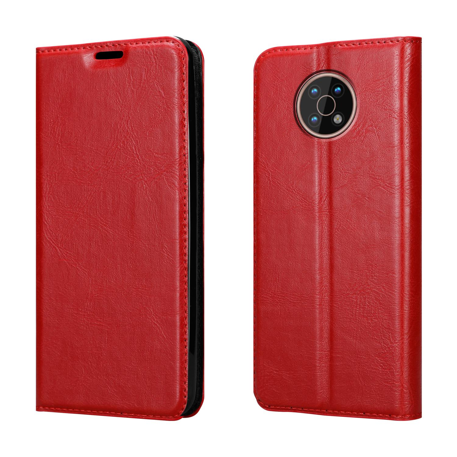 Una custodia rossa per telefono, chiusa, con pelle strutturata, che mostra la fotocamera del telefono.
