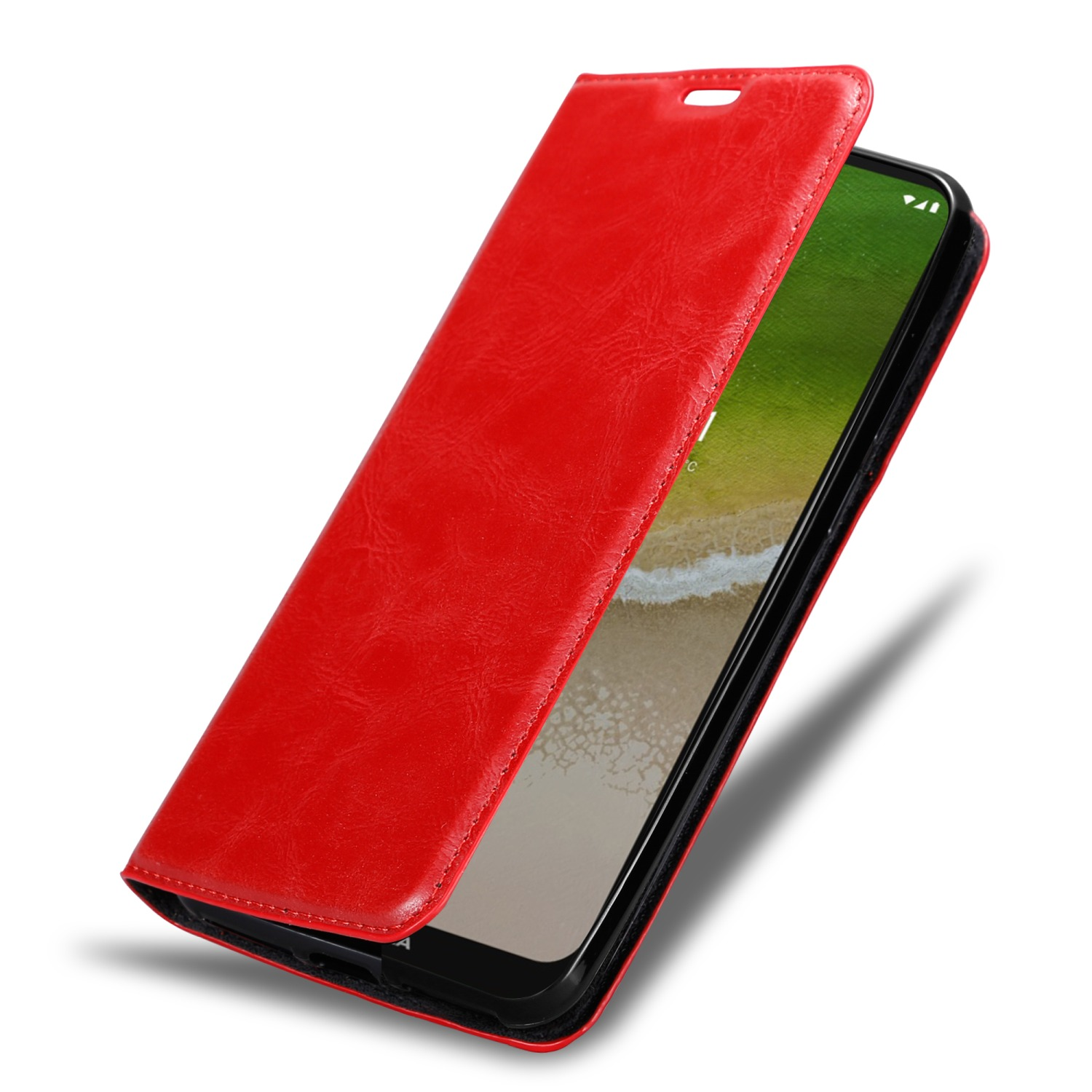 Custodia rossa per telefono, aperta per rivelare il telefono. Il telefono è visibile.
