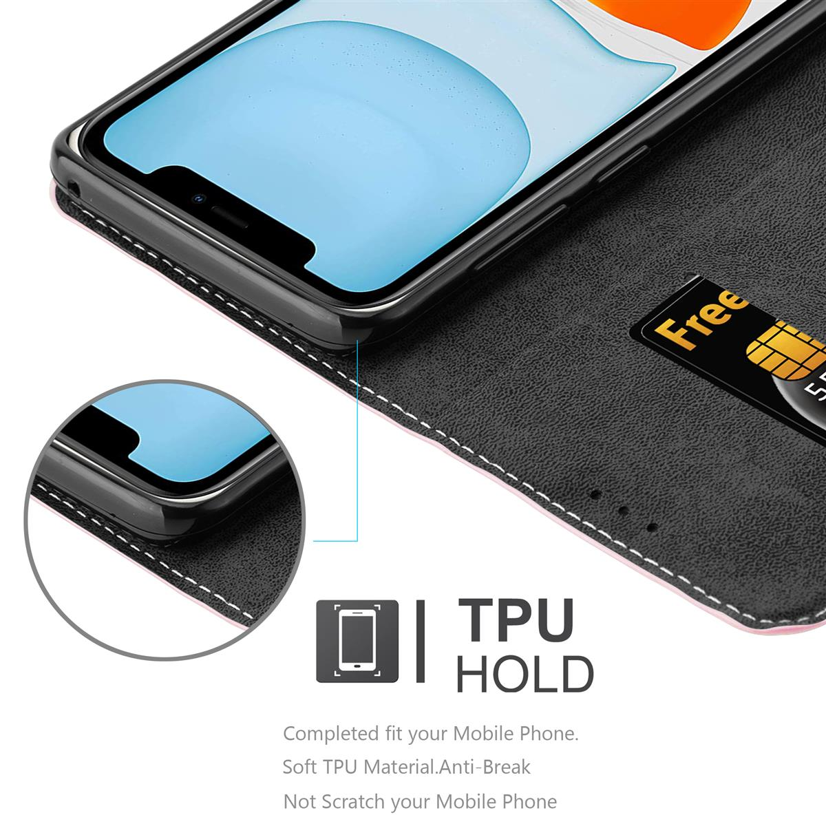 Schwarzes Telefon in einem Wallet-Case, geöffnet. Kreditkarte sichtbar. Text: TPU HOLD, Passend für Ihr Mobiltelefon.
