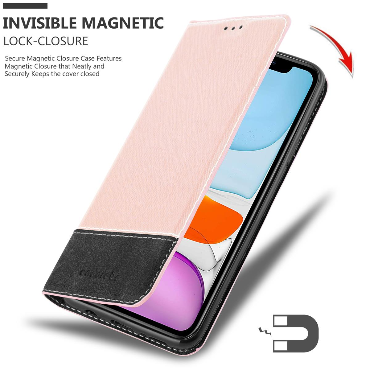 Rosa Handyhülle mit Magnetverschluss, geöffnet, zeigt ein Telefon, auf weißem Hintergrund.