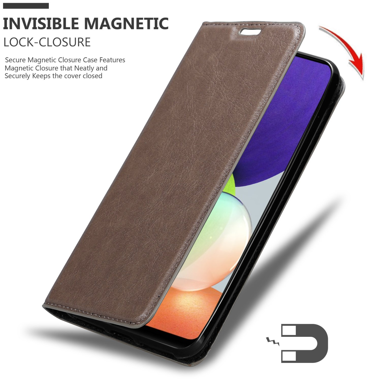 Custodia per telefono in pelle marrone con chiusura magnetica, telefono dentro.