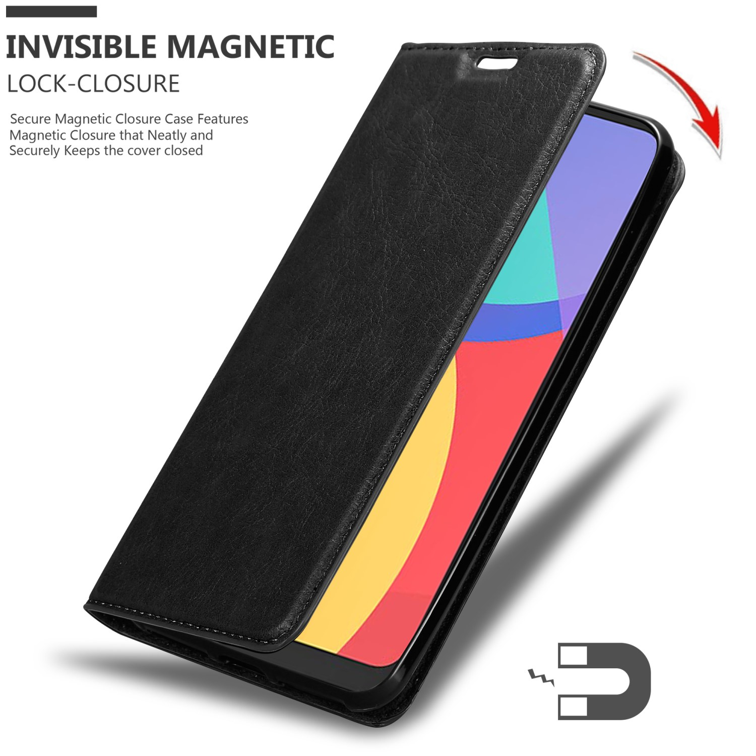 Custodia nera con coperchio aperto. Lo schermo mostra colori. 'Invisible Magnetic Lock-Closure'.