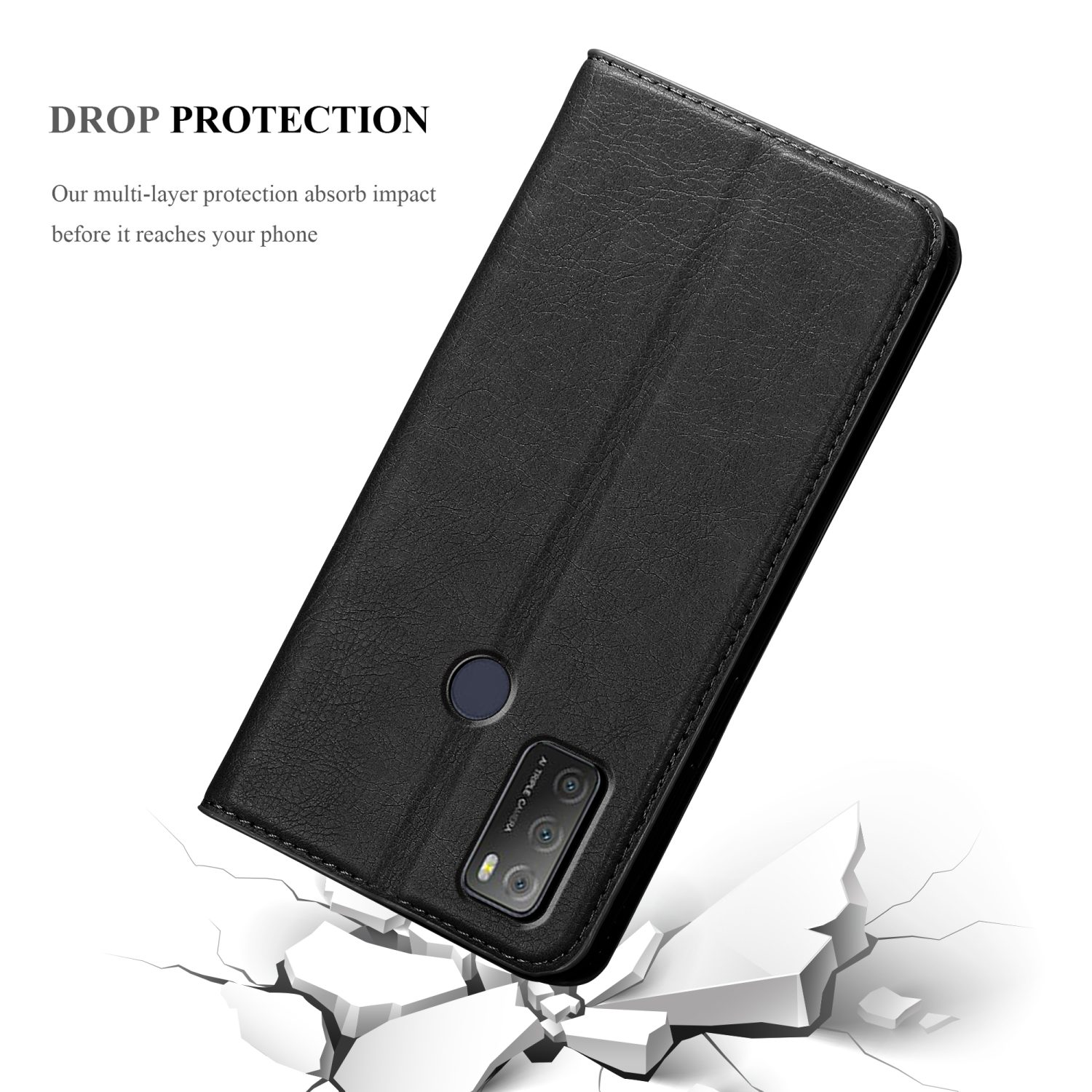 Custodia nera aperta, telefono visibile. Sfondo bianco con effetto pavimento crepato.